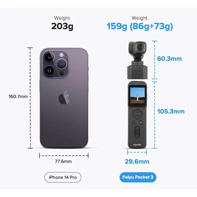 Feiyu Pocket 3 similar in size to iphone 14 pro lightweight