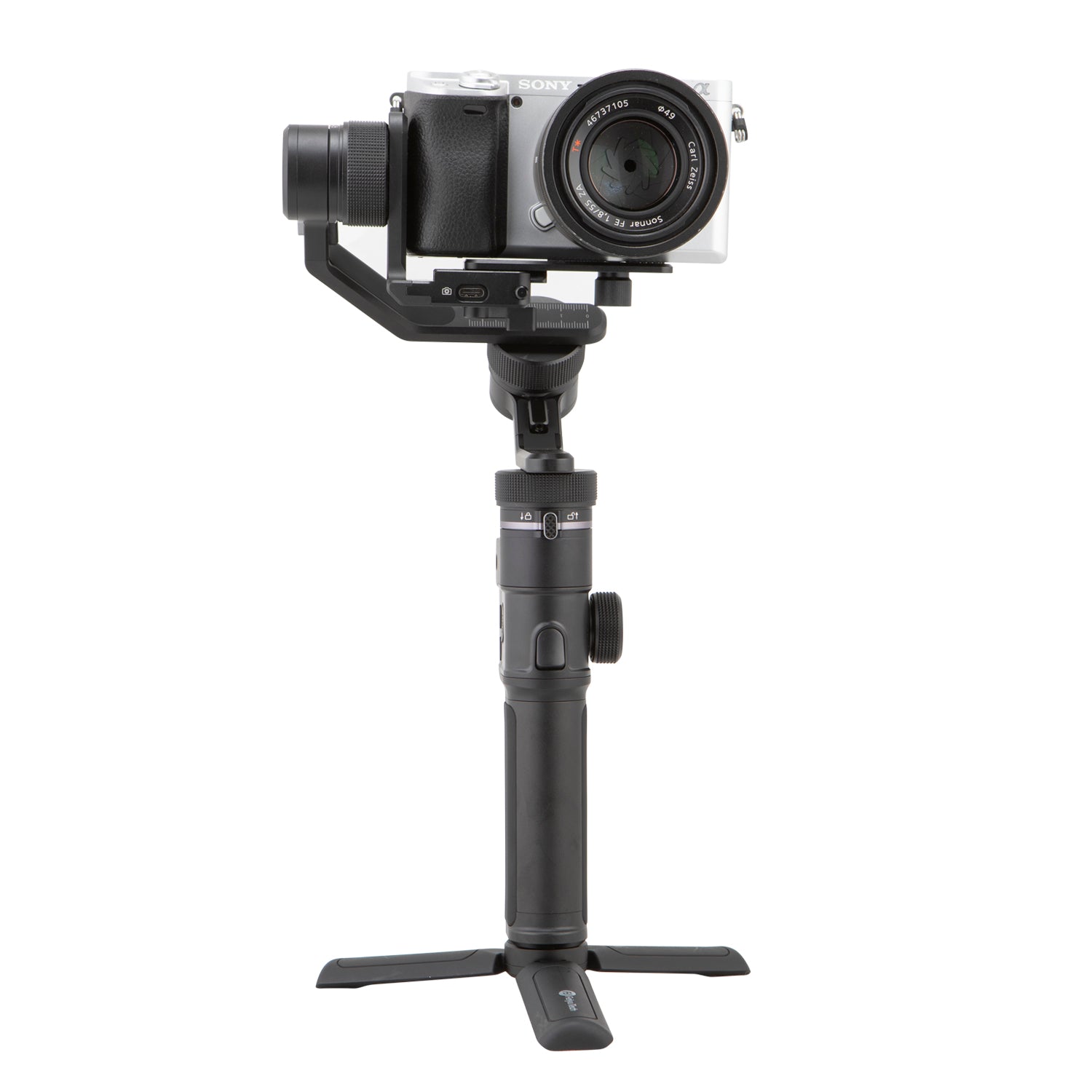 Feiyu G6 Max stands on its built-in tripod with Sony camera